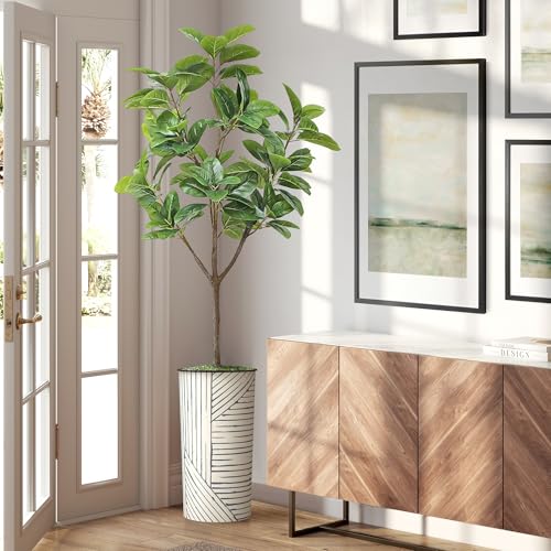 Artificial Tree in Geometric Pattern Planter, Fake Magnolia Tree for Indoor and Outdoor Home Decoration - 70" Overall Tall (Plant Pot Plus Tree) - style: Magnolia Tree