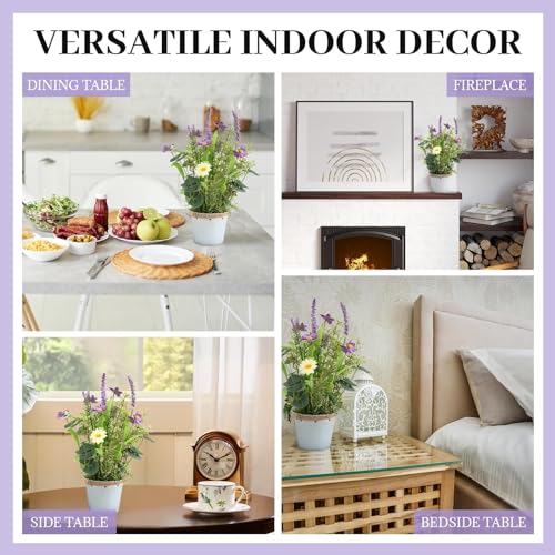 Artificial Flowers Potted, 12.2'’ Flower Arrangement w/Daisy & Lavender in Metal Pot, Fake Plants for Home Wedding Restaurant Dinner Decoration Shelf Table, Purple & Green - color: Purple 02