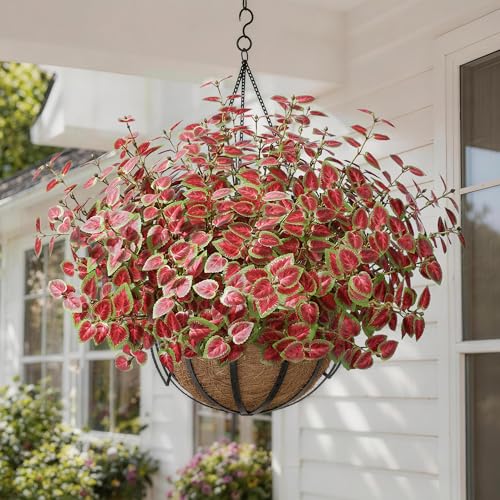 Ivydale Artificial Plants Outdoor 5 Pcs, Faux Greenery Plants Outdoor UV Resistant Silk Plants with Stems, Fake Plants for Outside Planter Front Porch Patio Pathway Decoration(Red) - color: Red
