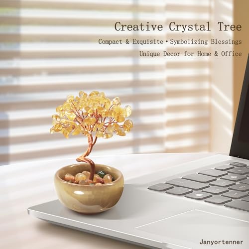 Mini Citrine Crystal Money Tree,Wealth Home Office Desk Decor,Handmade Copper Wire in Crackle Ceramic Base,Feng Shui Office Gift - color: 2-golden Hour