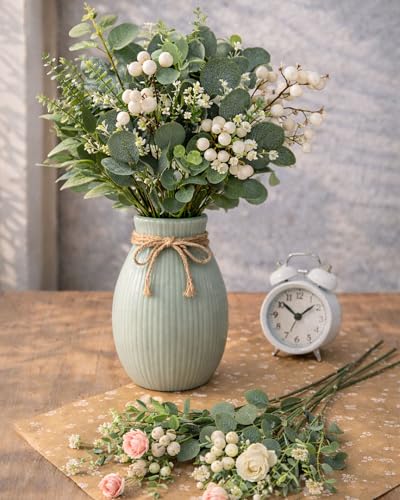 60 Pcs Mixed Artificial Eucalyptus Leaves Stems Bulk, 5Kinds Fake Greenery Silver Dollar Leaves Dried Eucalyptus Bundle with White Seeds Berry for DIY Bouquets Floral Arrangement Wedding Vase