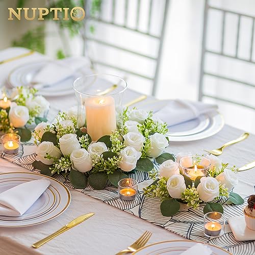 NUPTIO Flower Candle Rings for Centerpieces: 13.4 Inch Artificial Rose Wreath for Wedding Party Christmas Decorations - White Wreaths for Spring Summer Front Door Porch Table Decor 6 Pcs - color: White, size: Dia 13.4"-6pcs