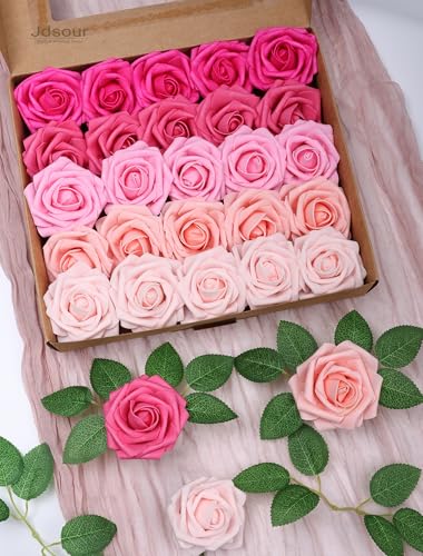 25pcs Artificial Flower，Real Looking Foam Roses w/Stem for DIY Wedding Bouquets Centerpieces Bridal Shower Party Decor-Shades of Hot Pink - color: Shades of Hot Pink