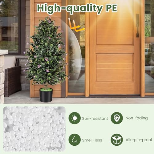 Goplus 2 Pack 36" Artificial Topiary Cone Tree, Faux Potted Shrub Plant w/49 Flowers, Cement-Filled Planter, Sun-Resistant Indoor Outdoor Evergreen Decoration for Home, Office, Front Porch (Purple) - color: Purple
