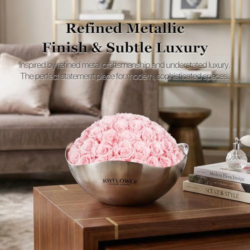 JoyFlower Preserved Flowers Decor, Eternal Roses in Stainless Steel Bowl Decors for Table Centerpiece, Forever Flowers Decorations for Home Living Room Bedroom Coffee Shop House Office(Small, Pink) - color: Pink, size: Small