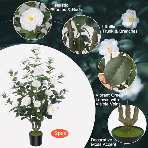 2Pack 39.37"/3.28FT Artificial Camellia Trees with 32 Flowers in Cement Pots – Lifelike Fake Trees for Front Porch, Home, Indoor Outdoor Spring Decor, Office or Housewarming Gifts (White) - color: White, size: 39.37 inchx2