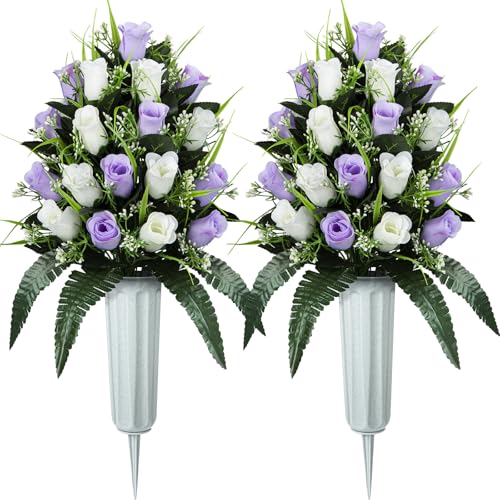 XONOR 2 Sets Artificial Cemetery Flowers, Grave Decorations Roses, Memorial Flowers Bouquet with Vase for Grave Cemetery Decoration (Light Purple&White) - color: Light Purple&white