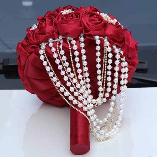 Handmade Satin Rose Water Drop Bridal Bouquet,8.7inch Crystal Wedding Round Tossing Bouquet,Jewelry Proposal Bridesmaid Bouquet Groom Corsage Bride Wrist Flower Ivory (26#red) - color: 26#red