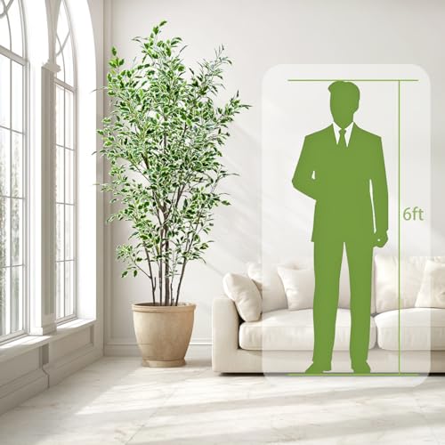 7ft Artificial Ficus Tree with White Plastic Planter | Foliage: Designed with natural green and white variegated leaves for lifelike indoor landscape decoration - color: White, size: 7ft