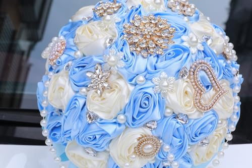 Light Blue Bridal Wedding Bouquet with Rhinestone Brooch Pearl String Cascade Bouquet for Bride Bridesmaid Quinceanera Satin Rose Flower Bouquet Wedding Light Blue and Ivory 9.8in - color: Light Blue & Ivory, size: Extra-large (DIA. 9.8"/25cm)