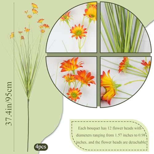 4 Pcs Artificial Plants Onion Grass Outdoor 37" Fake Tall Grass with Daisy Wildflowers Orange Artificial Wheat Grass Faux Shrubs Bush Greenery Stems for Indoor Garden Outside Office Home Decor - color: 4 Pcs-orange Flowers