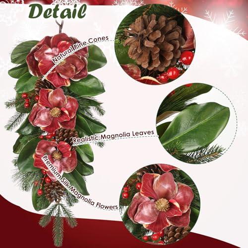 Briful 28.7 Inch Christmas Magnolia Flower Teardrop Swag – Red Magnolia Door Swag with Pine Cones Berries Artificial Christmas Hanging Teardrop for Xmas Home Holiday Front Door Outdoor Porch Decor - color: Teardrop Swag