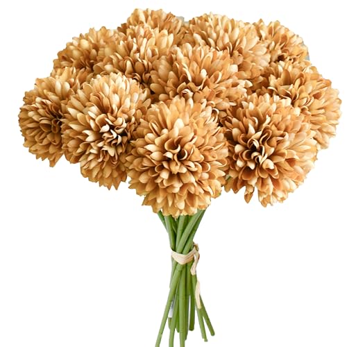Mandy's 12pcs Artificial Light Brown Chrysanthemum | 11.8 inch Artificial Mums Flowers for Home Table Centerpiece Summer Decor Silk Flowers for Porch Patio and Wedding - color: Light Brown