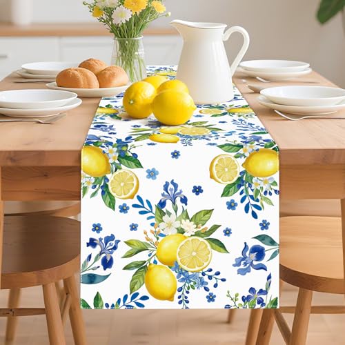 Lemon and Blue Floral Table Runner, White, 36 x 13 inches | Seasonal Kitchen Dining Table Decoration, Home Party Birthday Wedding Decor - size: 36 Inches X 13 Inches