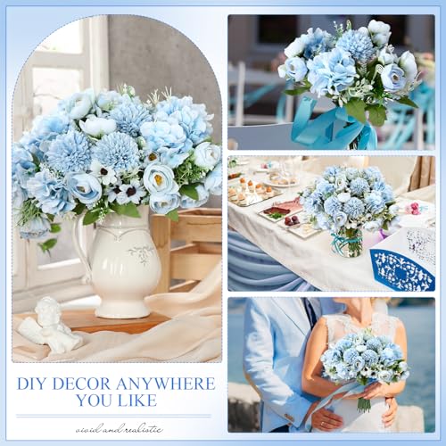 Tigeen Peonies Artificial Flowers Faux Roses Silk Flowers Hydrangea Artificial Bouquet for Wedding Table Centerpiece Floral Vase Home Office Bridal Decor(Blue,12 Bundles) - color: Blue