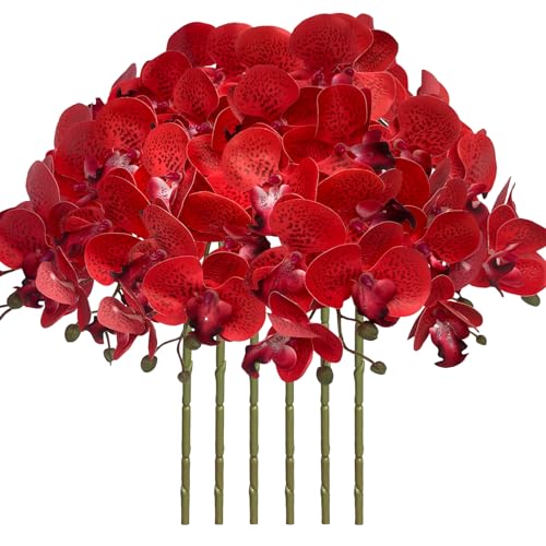 FagusHome 32 Inch Artificial Phalaenopsis Flowers 6 Pcs Artificial Orchid Flowers Stem Plants for Home Décor (Red Piebald) - color: Red Piebald