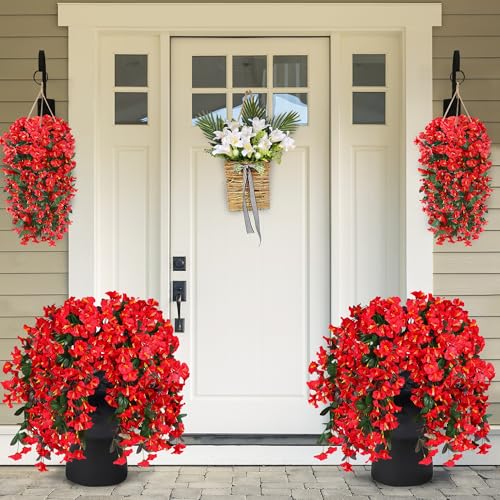 Sggvecsy Artificial Fake Hanging Flowers Plants for Outdoor Outside Spring Summer Decoration 4PCS Faux Silk UV Resistant Realistic Morning Glory Trailing Vines for Home Porch Patio Balcony(Red) - color: Red, size: 4Pcs