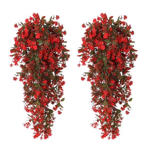 RECUTMS 2Pcs Artificial Hanging Flowers for Outdoor Decoration Fake Hanging Plants Faux Red Flowers Artificial UV Resistant Plastic Greenery Vines Ivy for Outdoor Indoor Garden Party Decor（Red） - color: Red-rose