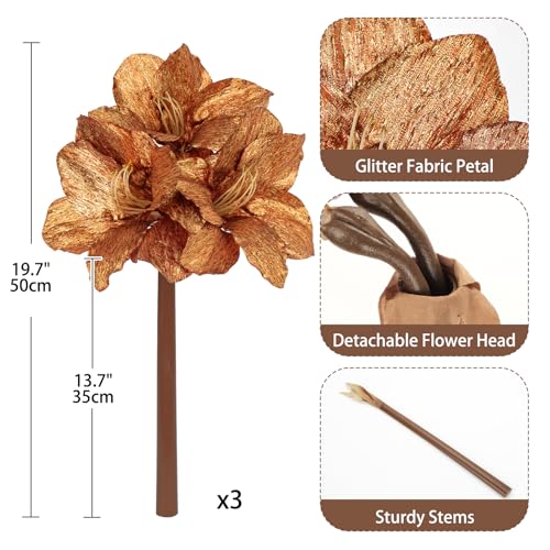Briful Amaryllis Artificial Christmas Flower Stems, 19.7" Bronze Glitter Faux Amaryllis with Detachable Heads for Xmas Home Party Wedding Bouquet Vase Arrangement Decor - color: Bronze