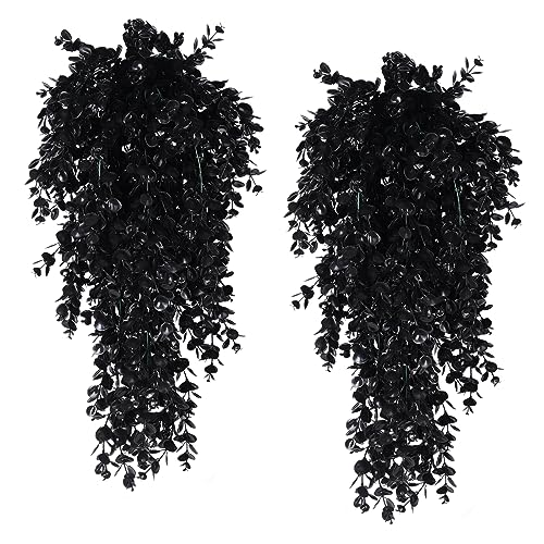 RECUTMS Black Artificial Hanging Eucalyptus Plants,4PCS 29.9 Inches,Gothic | UV Resistant Plastic,Fake Trailing Greenery Halloween Decor,Indoor Outdoor Home Room Garden Wedding Farmhouse Porch Party - color: Black