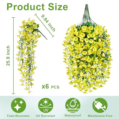 Artificial Flowers for Outdoors, 6-Pack 420 Blooms UV Resistant Hanging Morning Glory Silk Flowers Vines, Realistic Fake Plants Outside Decroation for Porch Patio Balcony Yard Garden (Yellow) - color: Yellow