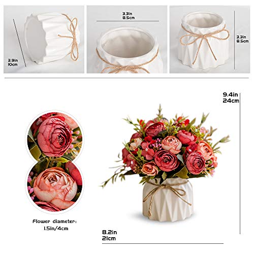 TKAS Artificial Flowers Fake Flowers Silk Rose Bouquets Decoration with Ceramics Vase for Table Home Office Wedding (Red Bud) - color: Red Bud