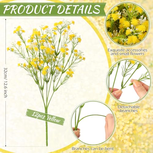 Lyrow 12 Pcs Spring Babys Breath Flowers Wedding Artificial Flowers Bulk Fake Gypsophila Babys Breath Bouquet Sprays Faux Floral for Home Vase Floral Arrangement Mother's Day Decor(Yellow) - color: Yellow