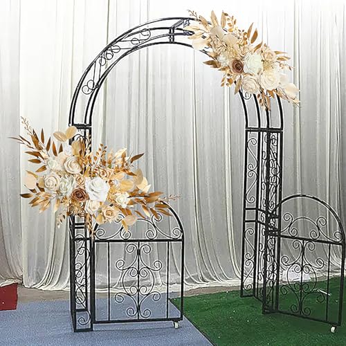 Boho Autumn Wedding Arch Floral Arrangement Artificial Flower, Silk Roses & Peonies with Eucalyptus Swags for Reception Backdrops, Parties, and Event Decorations