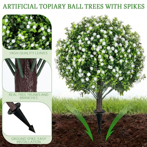 Artificial Boxwood Topiary Ball Trees 27" with Ground Spike – Set of 2 Faux Shrubs with Baby's Breath Flowers, UV-Resistant Fade-Proof Evergreen Artificial Plants for Indoor & Outdoor Porch Decor - color: Boxwood Baby Breath