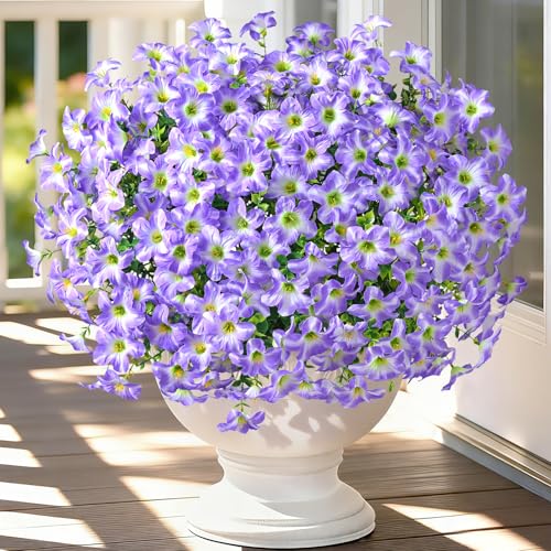 MARTINE MALL 12 Bundles Look Real Artificial Flowers for Outdoors, Realistic Fake Outdoor Flowers, UV Resistant Silk Petunia Flowers for Outside Faux Flowers for Outdoor Garden, Purple - color: Light Purple, size: 12 Bundles