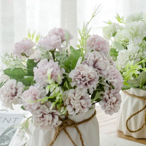 TKAS Fake Flowers Arrangement in Ceramic Vase, Artificial Faux Silk Hydrangea, Small Realistic Dried-Style Floral, Dining Table Centerpiece for Wedding Party Home Decoration (Purple) - color: Purple
