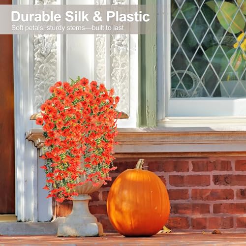 Artificial Flowers for Outdoors Decoration, 4Pcs Fake Hanging Flowers Morning Glory UV & Fading Resistant, Artificial Faux Plants Deocr for Home Porch Patio Balcony Planter Yard Garden Farmhouse - color: Orange