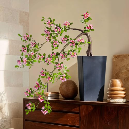 Large Artificial Bonsai Tree Artificial Flowering Tree Indoor Faux Decorative Plant for Living Room Home Office Décor Lifelike Branching & Natural Leaf Color Tree Madagascar Almond Style (Rose Red) - color: Rose Red