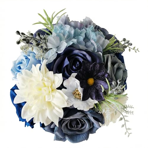 Wedding Bouquets for Bride, Dusty Blue Bridal Bouquet | Realistic Silk Rose for Rustic Boho Church Ceremony, Proposal, Thanksgiving, Wedding Decor - color: Dusty Blue
