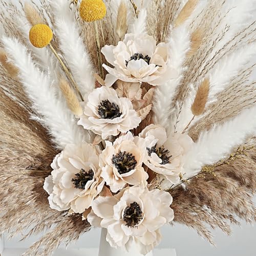 Natural Dried Pampas Grass Bouquet – Rustic Green & Beige Arrangement Kit for Floor Vase, Wedding Centerpiece, Living Room & Boho Wall Decor (Soft Harvest) - color: Soft Harvest