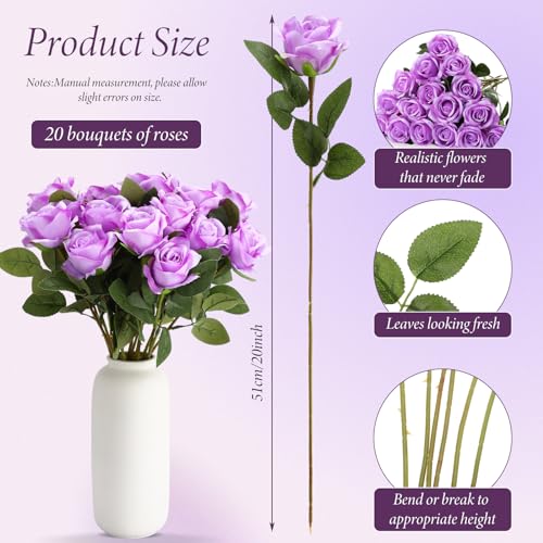 Hotop 20 Pcs Artificial Rose Flowers with Long Stem,Real Lifelike Silk Realistic Plastic Bouquet Roses Bulk for Home Decor Bridal Wedding Party Table Centerpieces Decorations(Purple) - color: Purple