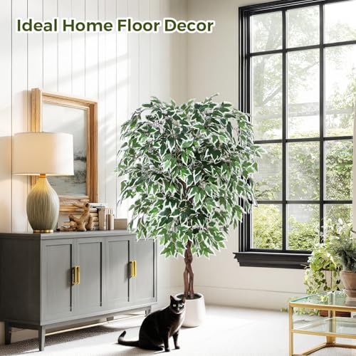 Jocoevol 5FT Artificial Ficus Tree, Tall Faux Trees Indoor with White Planter, Dried Moss, Natural Silk Leaves & Trunk, Fake Plants for Home Living Room Office Corner Decor Housewarming Gift - color: White Border, size: 5ft