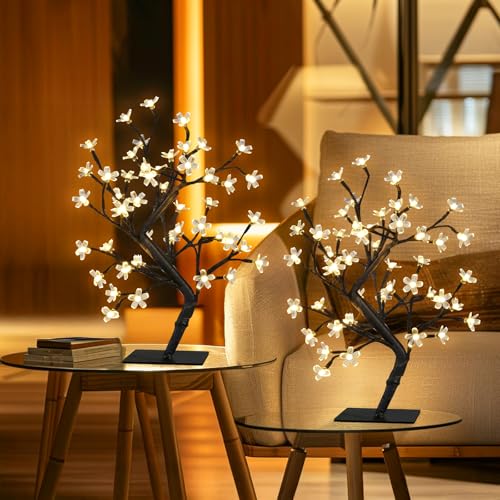 PEIDUO Set of 2 Lighted Cherry Blossom Tree, Light up Bonsai Tree for Christmas Decorations, Warm White Lights Plug in Adapter, Tabletop Night Light Artificial Tree for Indoor Bedroom Living Room - style: 2PK Cherry Blossom Tree