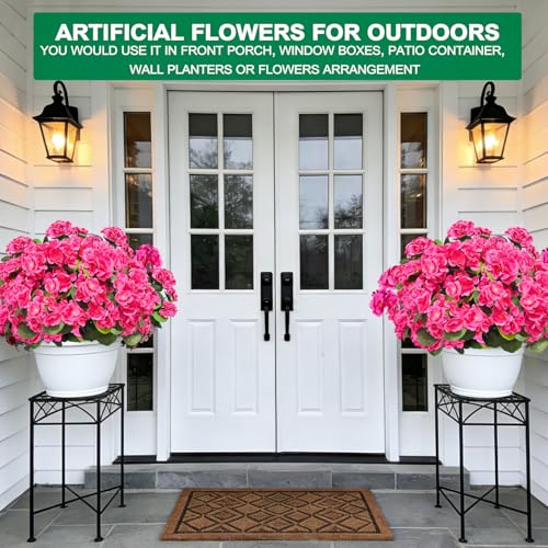 8 Bundles Artificial Geraniums Flowers for Outdoors Summer Decoration, Fake Flowers Silk Pink Flower UV Resistant No Fade Look Real Faux Plants for Porch Gardens Planter Patio Indoor Cemetery Decor - color: Pink