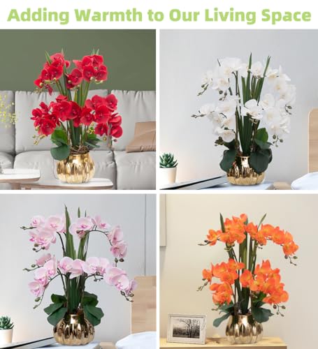 CXGS Artificial Orchid Flower Real Touch Faux Orchids in Ceramic Vase Large 22.9'' Fake Flowers Pink Phalaenopsis Floral for Home Indoor Decor - color: Pink- Golden (Large Pot)