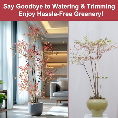 7.2ft Faux Bamboo Tree Artificial Nandina Tree Artificial Indoor Plants Realistic Fake Potted Tree with 800+ Leaves, Cement Planter - Home Office Decor Perfect for Housewarming Gift Non-Toxic - color: Red, size: 7ft 2in