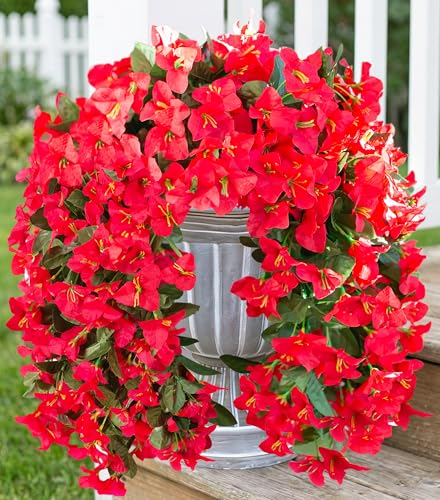 HyeFlora Bougainvillea Artificial Hanging Flowers Plants for Outdoors Decoration, 2pcs Red Fake Flowers Silk Bougainvillea Vines Realistic UV Resistant Faux Flowers for Outside Planters Porch Patio - color: Red