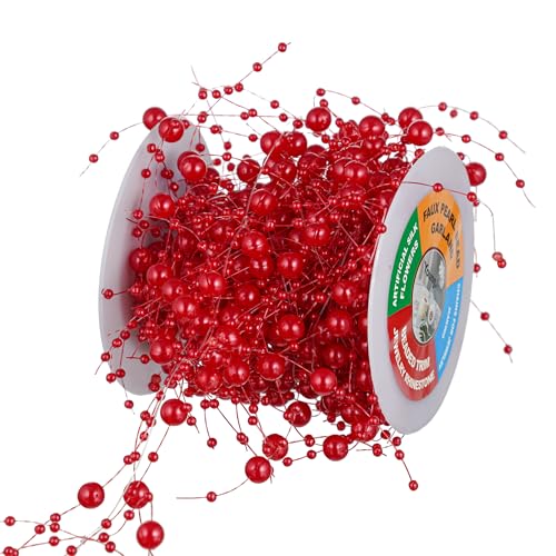 13Feet Pearl String Spool Roll for Floating Candles Faux Pearls Strands Garland for Vase Filler Wedding Centerpiece Christmas Table Decor (Red) - color: Red