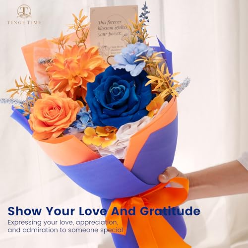 TINGE TIME Preserved Flowers Bouquet, Orange & Navy Blue Roses Gift Bouquet, Eternal Roses Bouquet for Wedding, Table Centerpieces, Mothers Day, Birthday Gifts, Anniversary, Graduation - color: Brunt Orange&Royal Blue