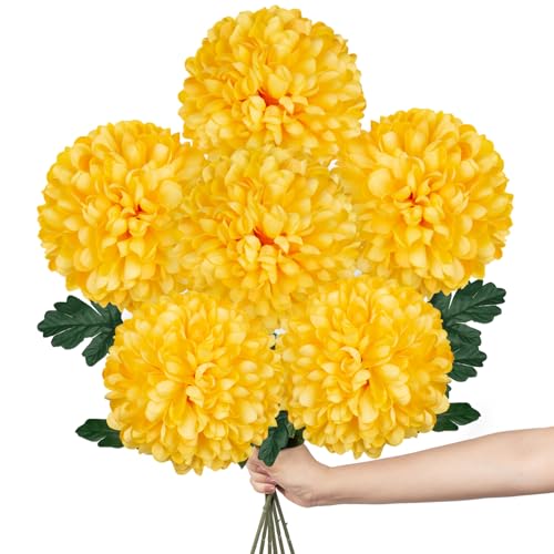 Briful [6PCS Autumn Artificial Chrysanthemum Flowers – 25.6” Long Stem Faux Silk Flowers with Large 6” Bloom Heads, Realistic Plastic Leaves – for Home Wedding Party Office Fall Decor (Yellow) - color: 6'' Dia. 6pcs Yellow
