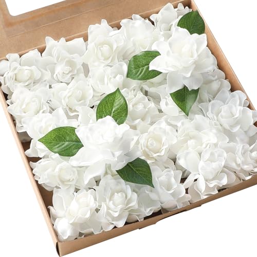 Floroom Artificial Gardenia Flowers 2.7" 25pcs Real Looking White Foam Fake Flowers with Stems for DIY Wedding Bouquets Bridal Shower Centerpieces Floral Arrangements Party Tables Home Decorations - color: White