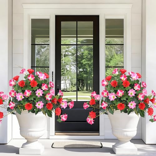 Elyum 2 Pack Artificial Flowers Topiary Ball Trees for Outdoors, 19.7" Lifelike Morning Glory Fake Bushes Plants, UV Resistant Fake Plants Faux Shrubs with Ground Spike for Porch Garden Decor (Red) - color: Mixed Red