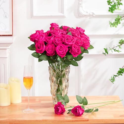 150 Pcs Roses Artificial Flowers, Silk Hot Pink Artificial Flowers Petals Long Stem Roses for Wedding Bouquet Home Party Decor - color: Hot Pink