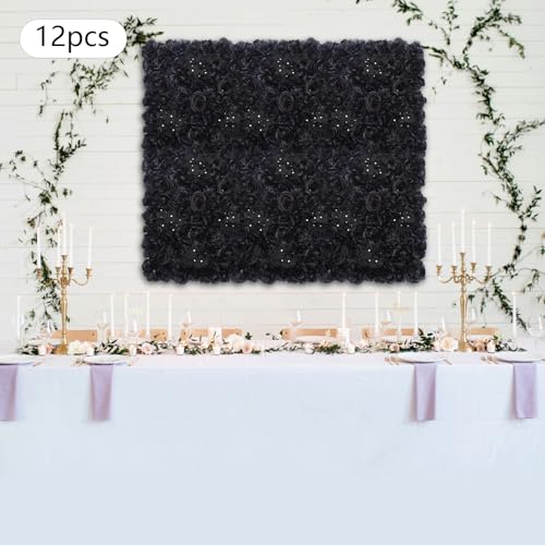 Black Rose Artificial Flowers Wall Panels, 12 Pcs Artificial Flowers Decoration, 14.96" X 14.96" Black Rose Wall Background, 3D Floral Backdrop Decoration for Wedding, Party, Nursery, Home Decor - color: Black
