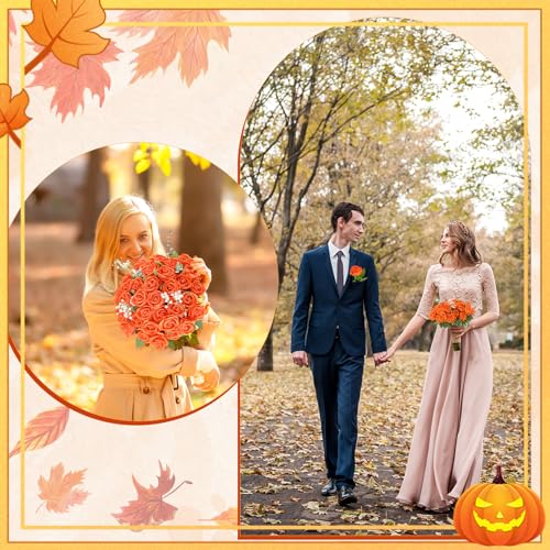36 Pcs Velvet Burnt Orange Artificial Flowers Bouquet, Fake Rose Long Stem Realistic Fall Bridal Shower Decorations Bulk for Halloween Thanksgiving DIY Wedding Ball Arrangement - color: Orange